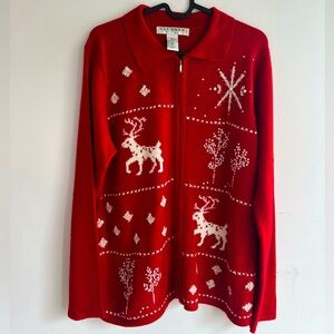 Ugly Christmas sweater  Cardigan Holiday  beaded  Red Reindeer , granny core